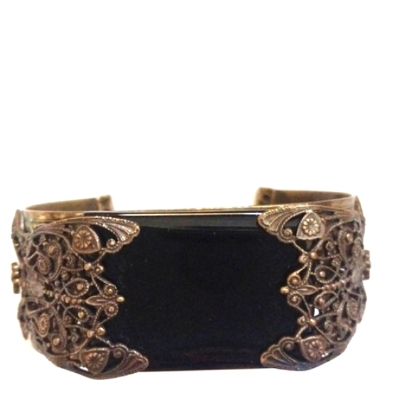 Jan Michaels San Francisco Jewelry - VINTAGE 80s JAN MICHAELS SF HANDMADE BLACK LUCITE BRASS FILIGREE CUFF BRACELET